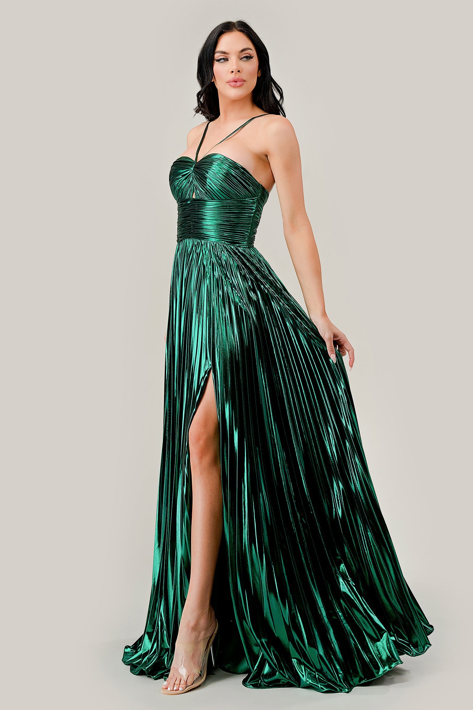 Captivating Cinderella Divine: Shimmering Metallic Pleated Halter Gown for Unforgettable Occasions
