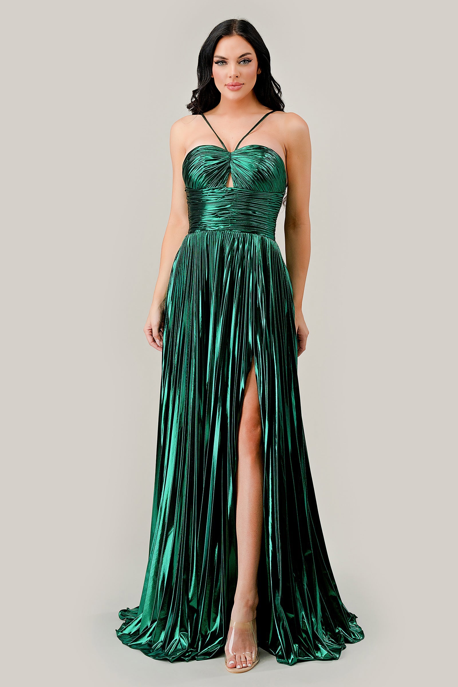Captivating Cinderella Divine: Shimmering Metallic Pleated Halter Gown for Unforgettable Occasions