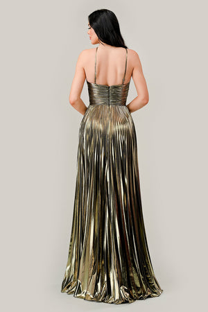 Cinderella Divine's Metallic Pleated A-Line Gown: Shimmering Elegance for Formal Occasions