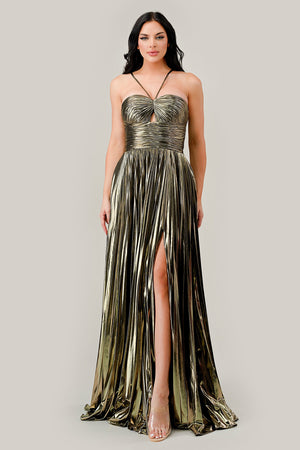 Cinderella Divine's Metallic Pleated A-Line Gown: Shimmering Elegance for Formal Occasions