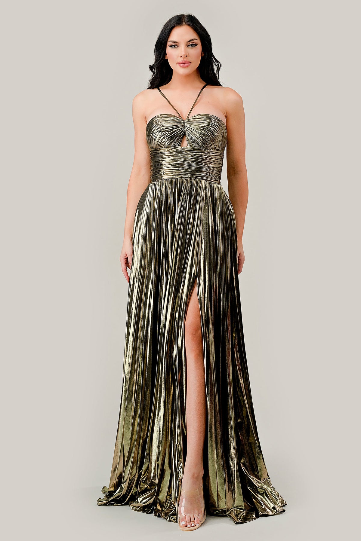 Captivating Cinderella Divine: Shimmering Metallic Pleated Halter Gown for Unforgettable Occasions