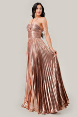 Captivating Cinderella Divine: Shimmering Metallic Pleated Halter Gown for Unforgettable Occasions