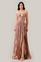 Captivating Cinderella Divine: Shimmering Metallic Pleated Halter Gown for Unforgettable Occasions