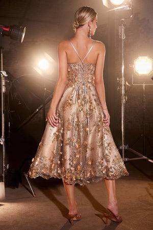 Cinderella Divine: Enchanting A-Line Tea-Length Dress with Floral Symphony