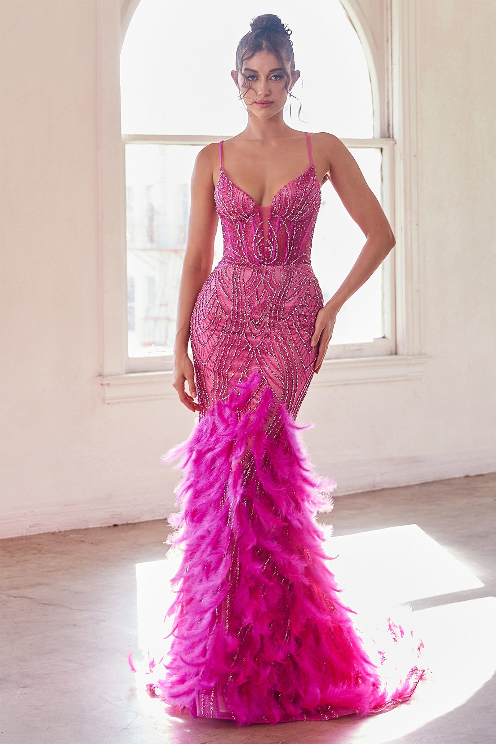 Cinderella Divine: Embrace the Hollywood Allure in a Captivating Feather Mermaid Gown