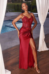 Cinderella Divine: Fitted Satin Gown with Intricate Beading and Alluring Leg Slit