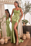 Cinderella Divine: Fitted Satin Gown with Intricate Beading and Alluring Leg Slit