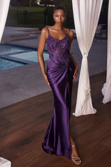 Cinderella Divine: Fitted Satin Gown with Intricate Beading and Alluring Leg Slit