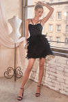 Enchanting Black Fitted Short Dress with Beaded Bodice and Faux Feather Skirt