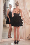 Enchanting Black Fitted Short Dress with Beaded Bodice and Faux Feather Skirt