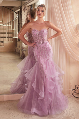 Shimmering Sophistication: Cinderella Divine's Enchanting Tiered Beaded Mermaid Gown