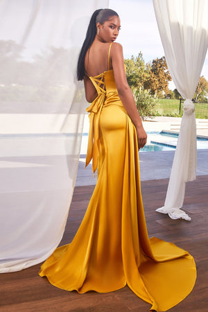 Cinderella Divine: Enchanting Fitted Satin Gown with Daisy Beading and Alluring Slit