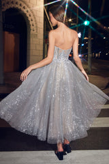 Shimmering Silver Glitter Tea-Length Dress by Cinderella Divine for Unforgettable Occasions