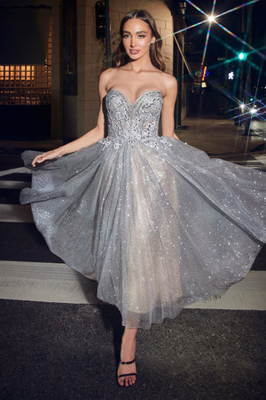 **Cinderella Divine's Shimmering Silver Tea-Length Dress: A Fairytale Come True**