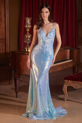 **Cinderella Divine's Liquid Shimmering Lace Applique Fitted Sequin Dress for Unforgettable Occasions**