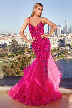 **Cinderella Divine: Shimmering Fuchsia Sequin Mermaid Gown for Enchanting Occasions**