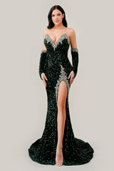 Captivating Silver Sequin Gown with Matching Gloves by CINDERELLADIVINE