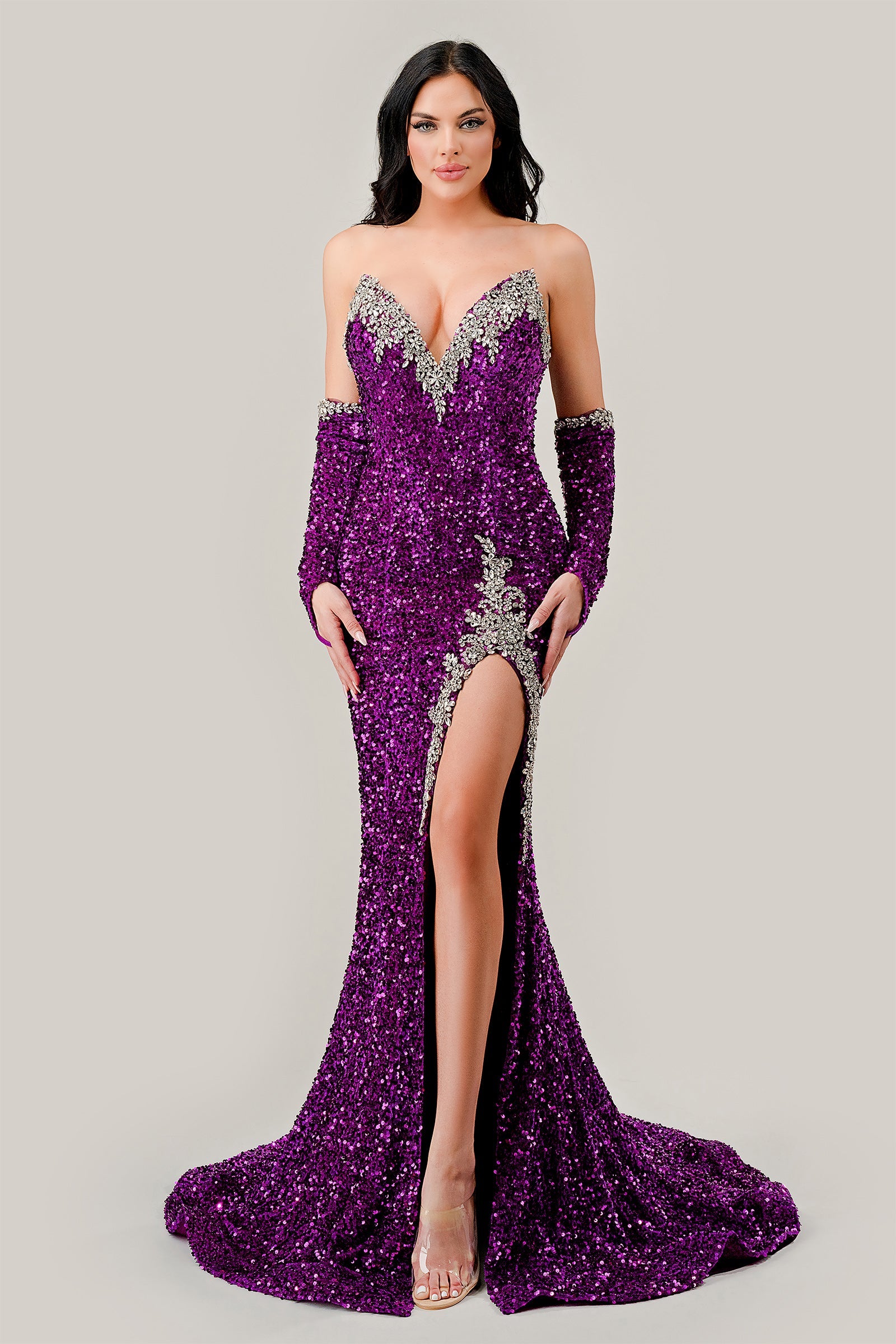 Captivating Silver Sequin Gown with Matching Gloves by CINDERELLADIVINE