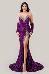 Captivating Silver Sequin Gown with Matching Gloves by CINDERELLADIVINE