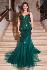 Captivating Mermaid Gown: Cinderella Divine's Beaded Tulle Masterpiece