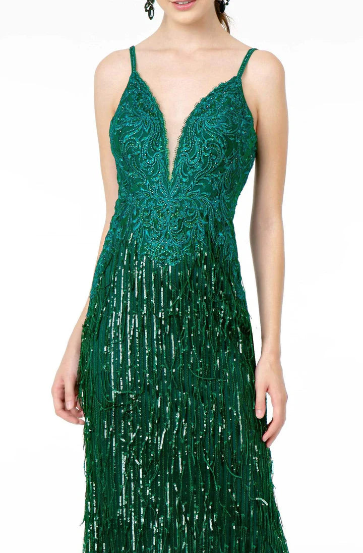 GLS by Gloria: Embroidered Sheath Gown with Sequined Fringes and Graceful Train