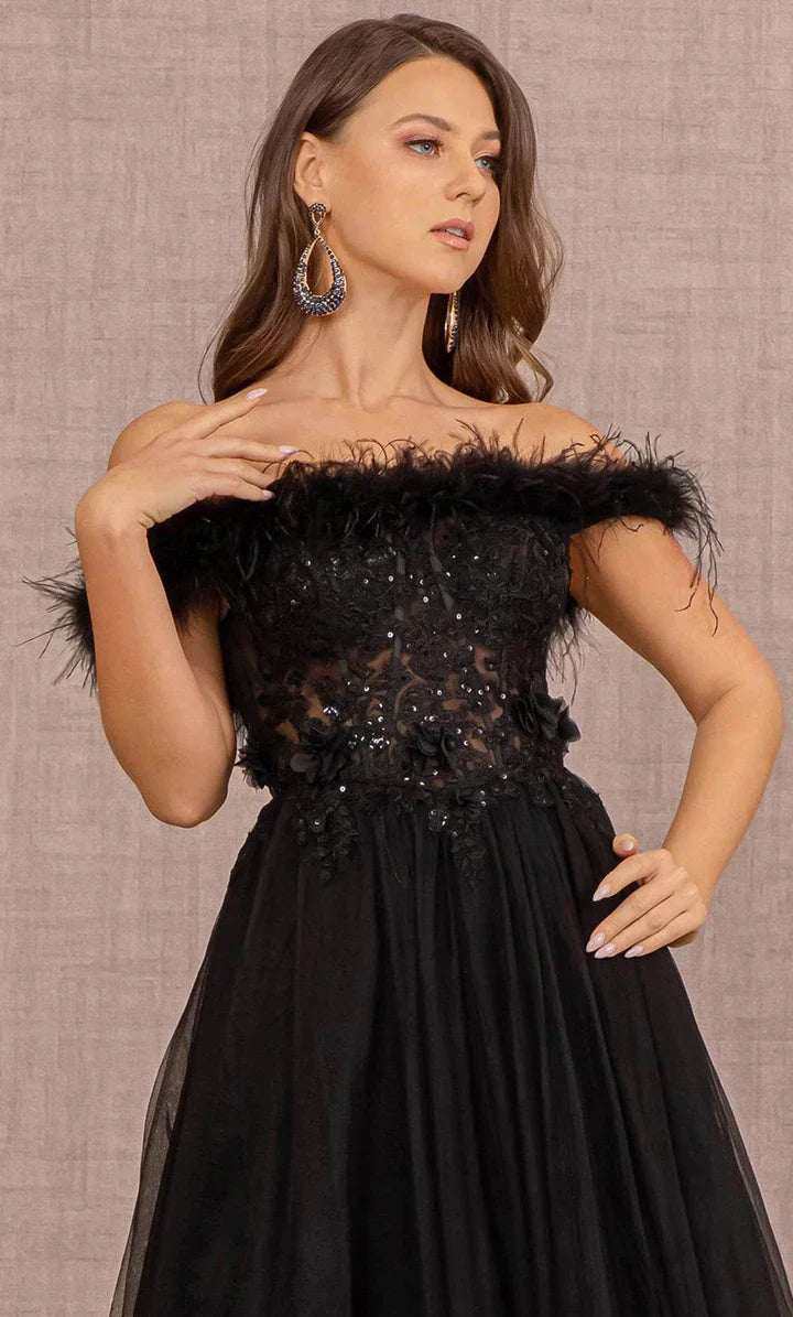 **GLS by Gloria's Enchanting Off-Shoulder Feather and AppliquÃ© Gown**