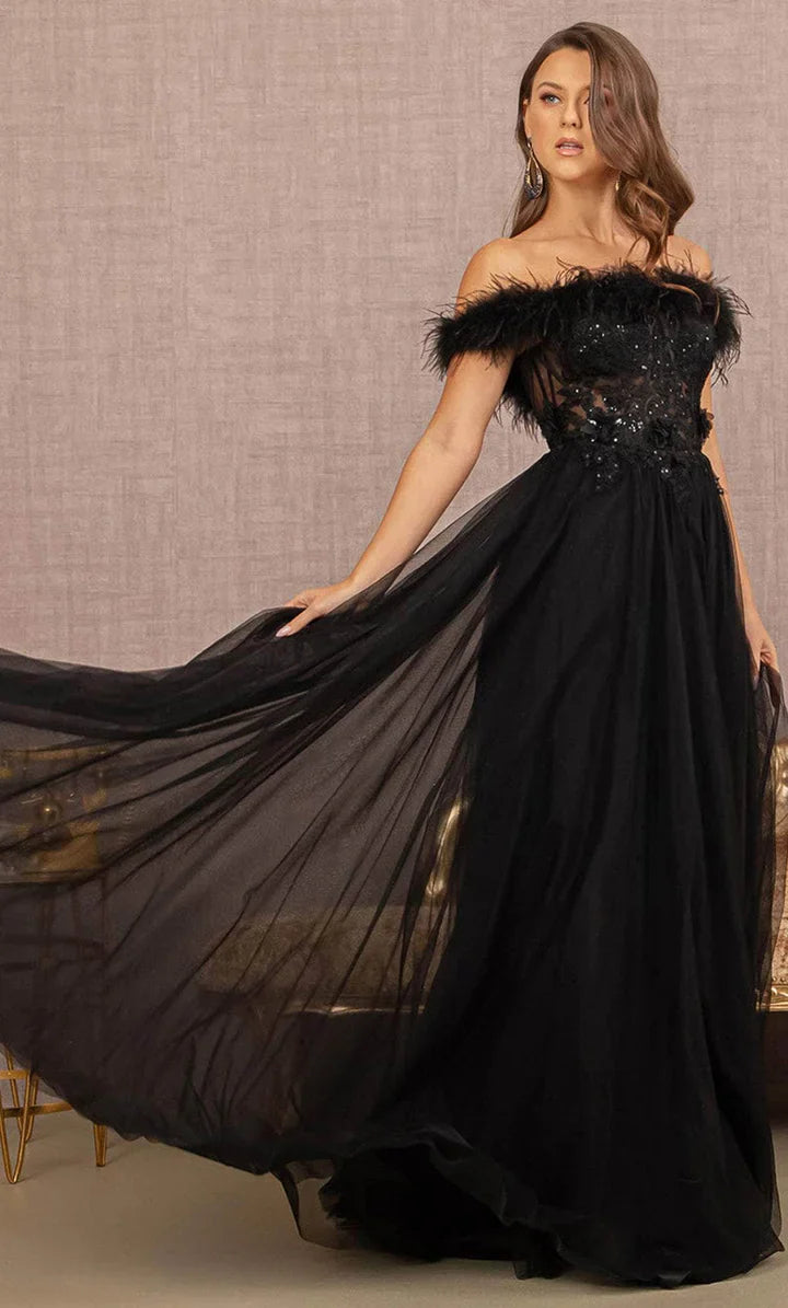 **GLS by Gloria's Enchanting Off-Shoulder Feather and AppliquÃ© Gown**