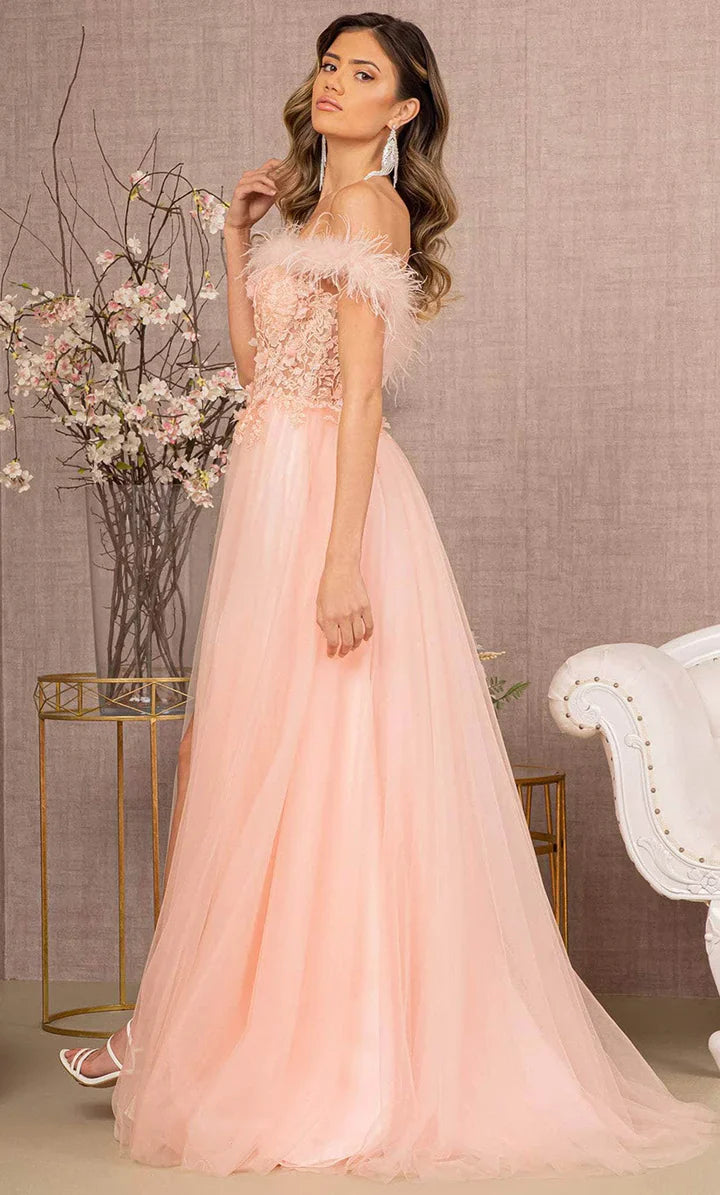 **GLS by Gloria's Enchanting Off-Shoulder Feather and AppliquÃ© Gown**