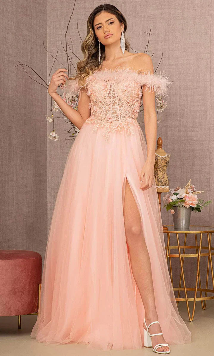 **GLS by Gloria's Enchanting Off-Shoulder Feather and AppliquÃ© Gown**