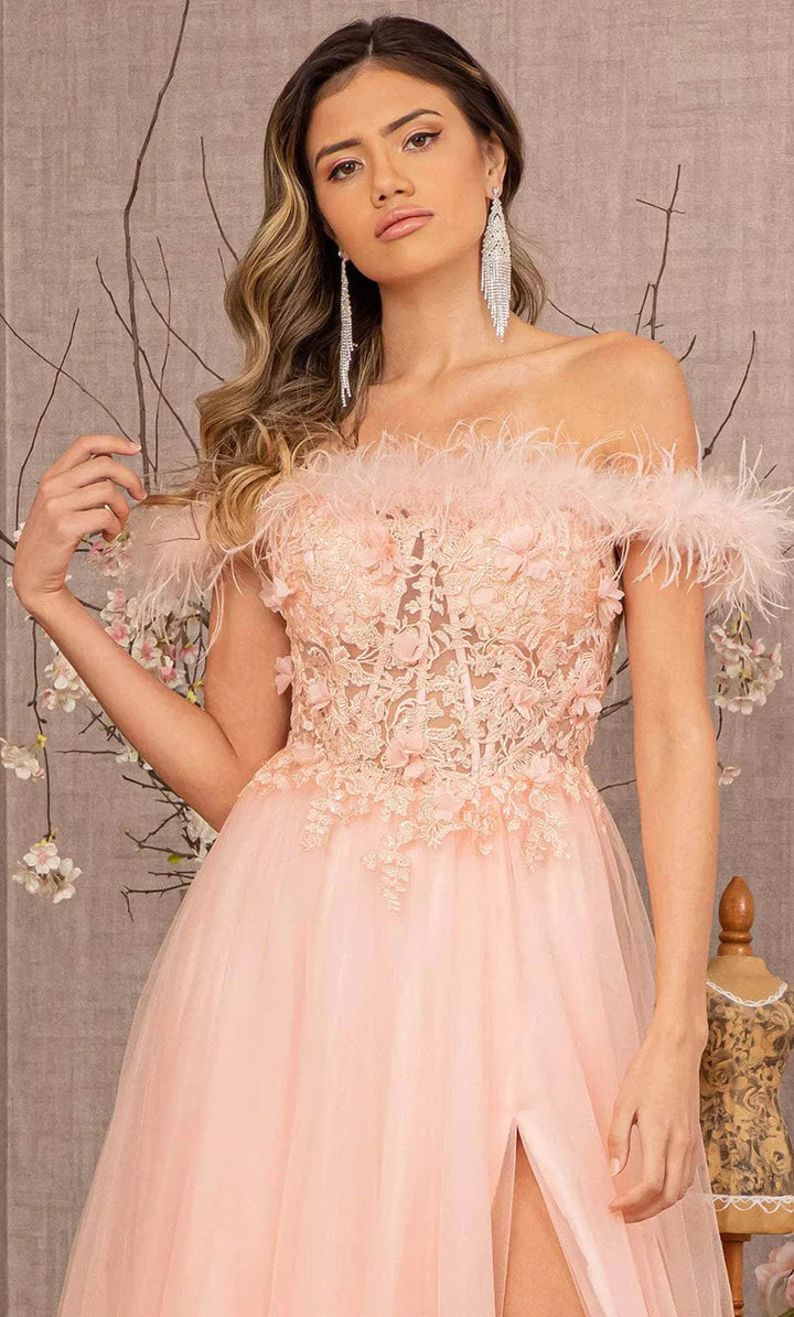 **GLS by Gloria's Enchanting Off-Shoulder Feather and AppliquÃ© Gown**