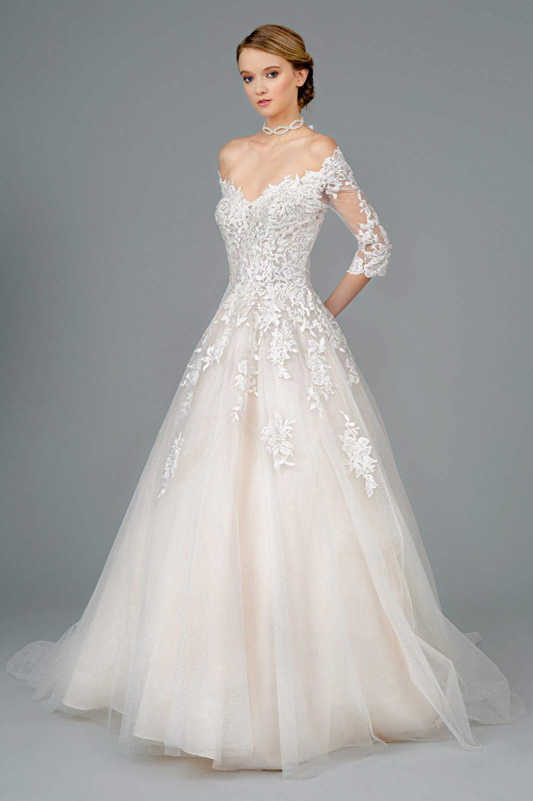 GLS by Gloria GL1803: Embroidered Off-the-Shoulder Gown for Timeless Elegance