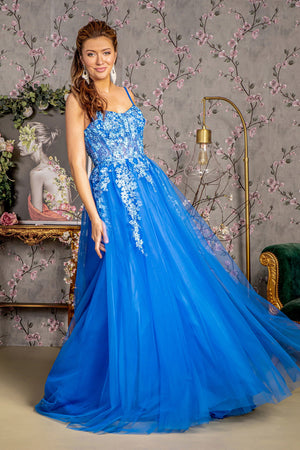 **Timeless Elegance with GLS by Gloria: Royal Blue Mesh Corset Gown**