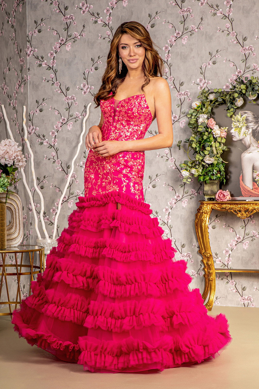 **GLS by Gloria's Enchanting Evening Gown: Shimmering Sequins and Ruffled Trumpet Skirt**