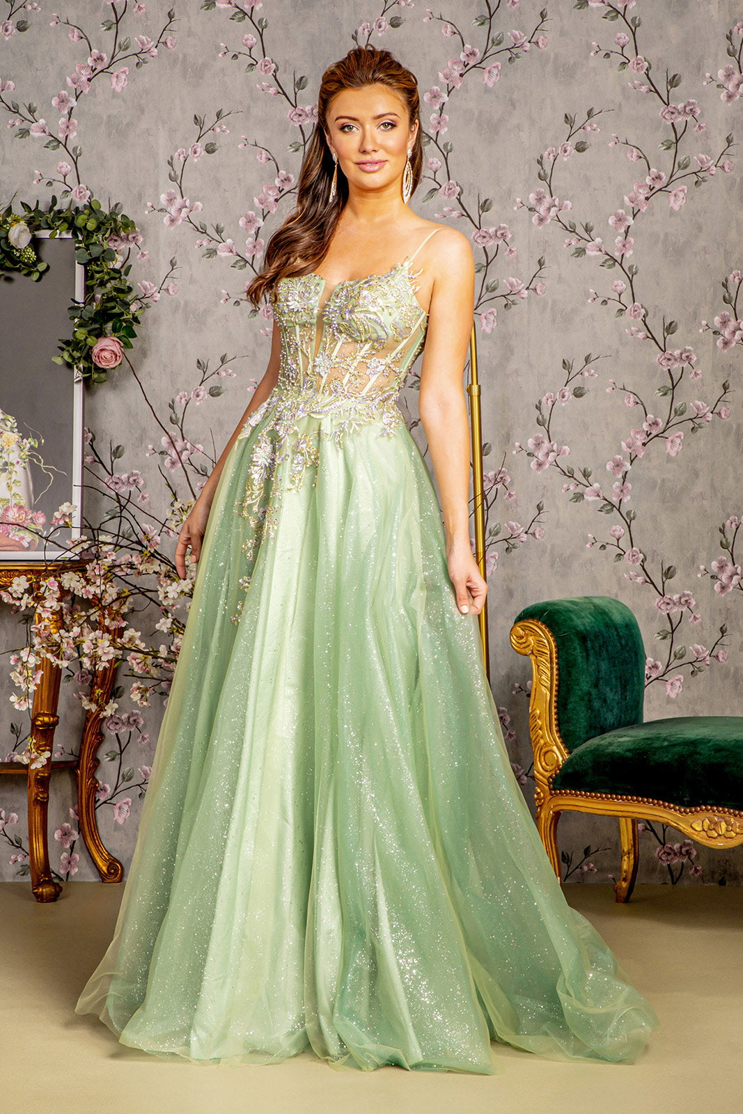 GLS by Gloria GL3377: Sheer Corset Embroidered Gown for Unforgettable Occasions