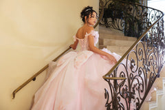Layla K Off-Shoulder Floral Applique Ball Gown