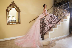 Layla K Off-Shoulder Floral Applique Ball Gown