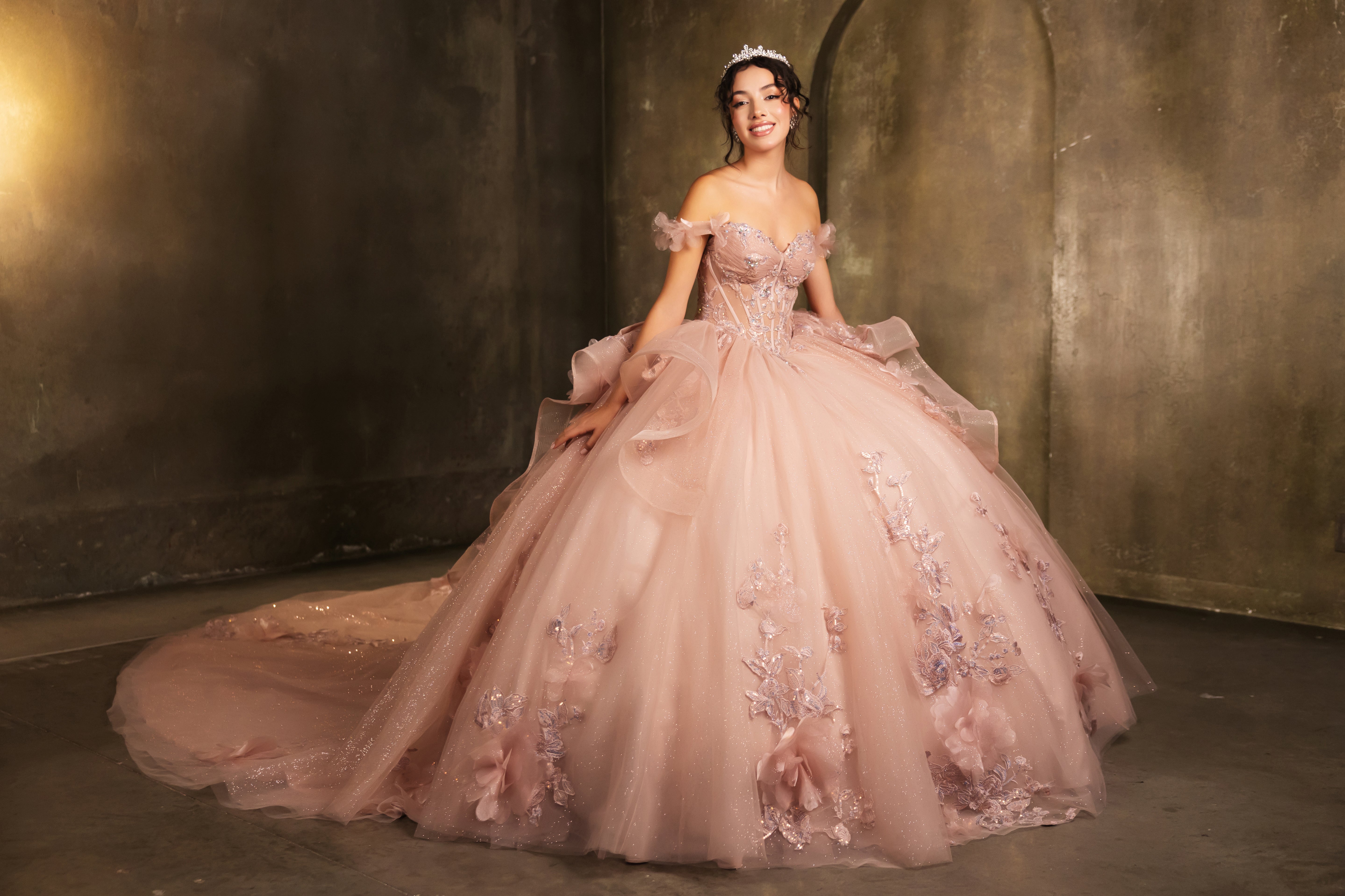 Layla K Off-Shoulder Floral Applique Ball Gown