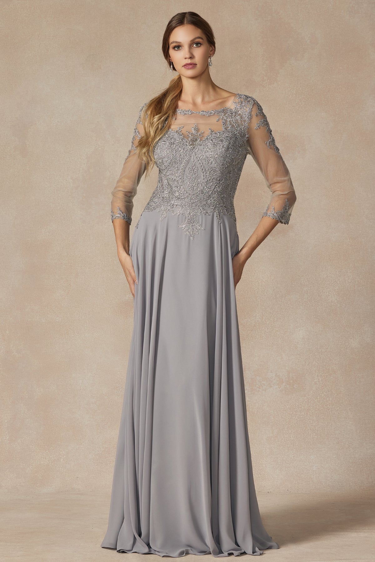 Enchanting Lace AppliquÃ© Long-Sleeve Formal Dress by [Brand Name]