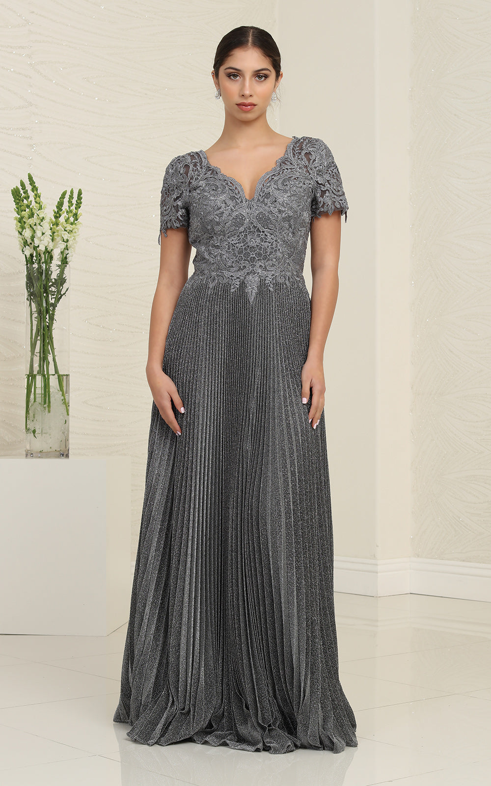 May Queen MQ1902 Pleated Gown with Lace Applique