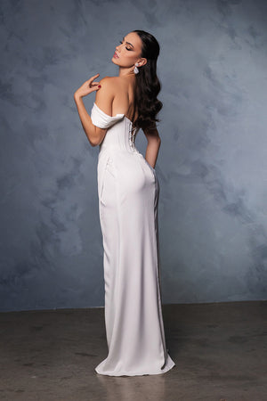 Off Shoulder Ivory Satin Corset Gown by May Queen