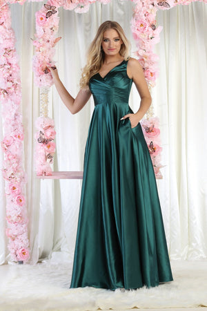May Queen MQ1994 Sleeveless Side Pockets Satin Formal Bridesmaid Dress - HUNTER GREEN / 4 - Dress