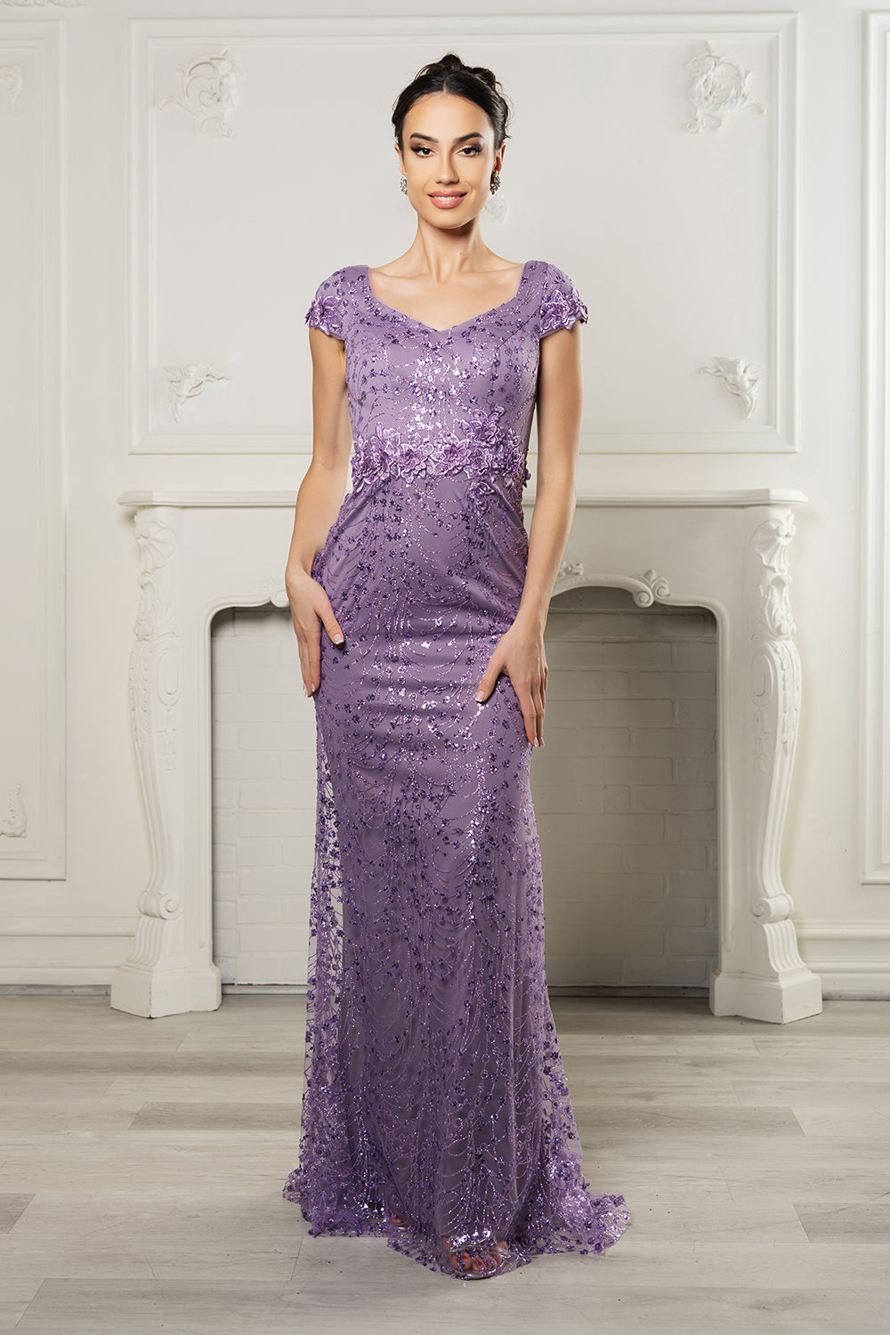 May Queen MQ2062 Long Mesh Gown with Floral Applique