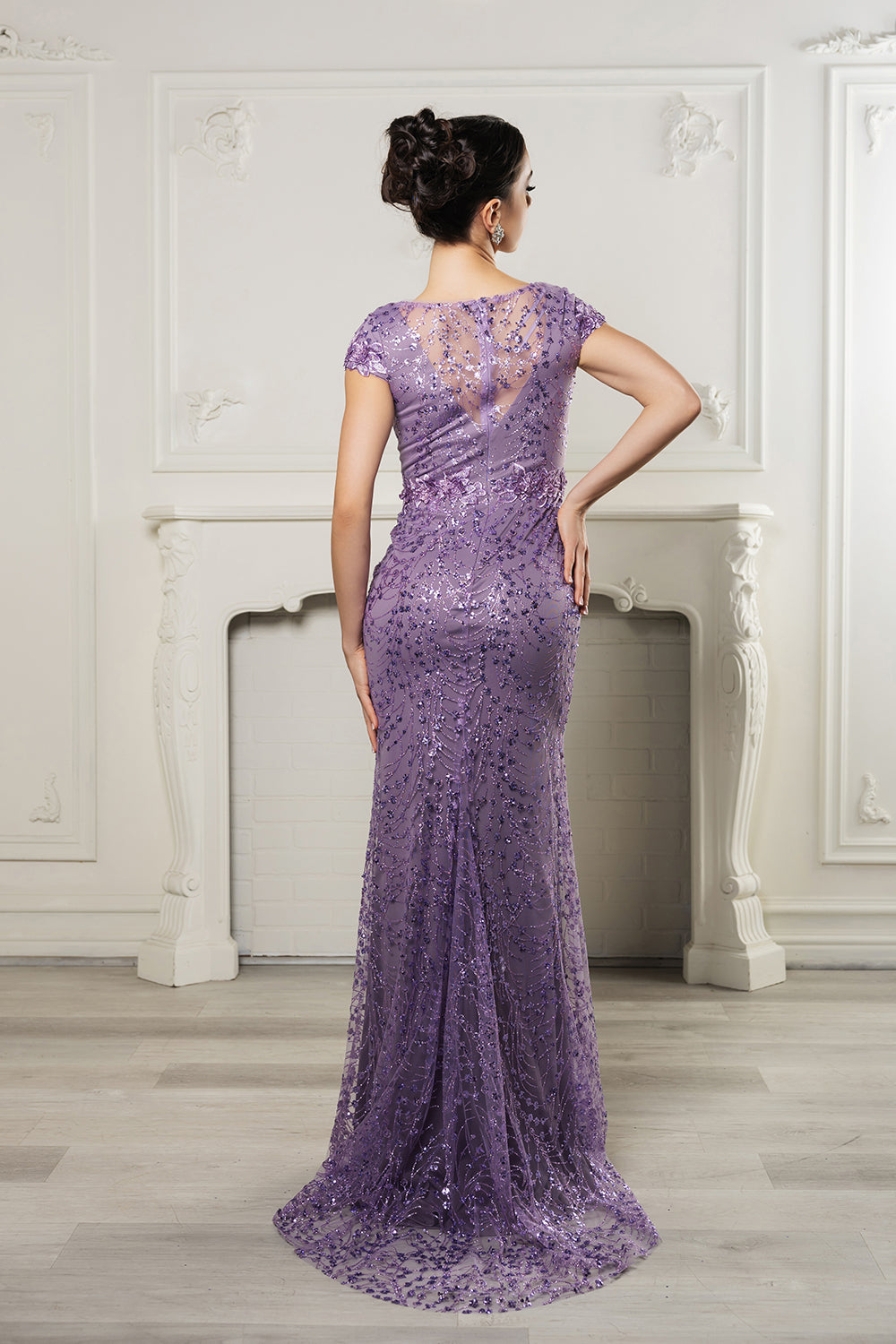 May Queen MQ2062 Long Mesh Gown with Floral Applique