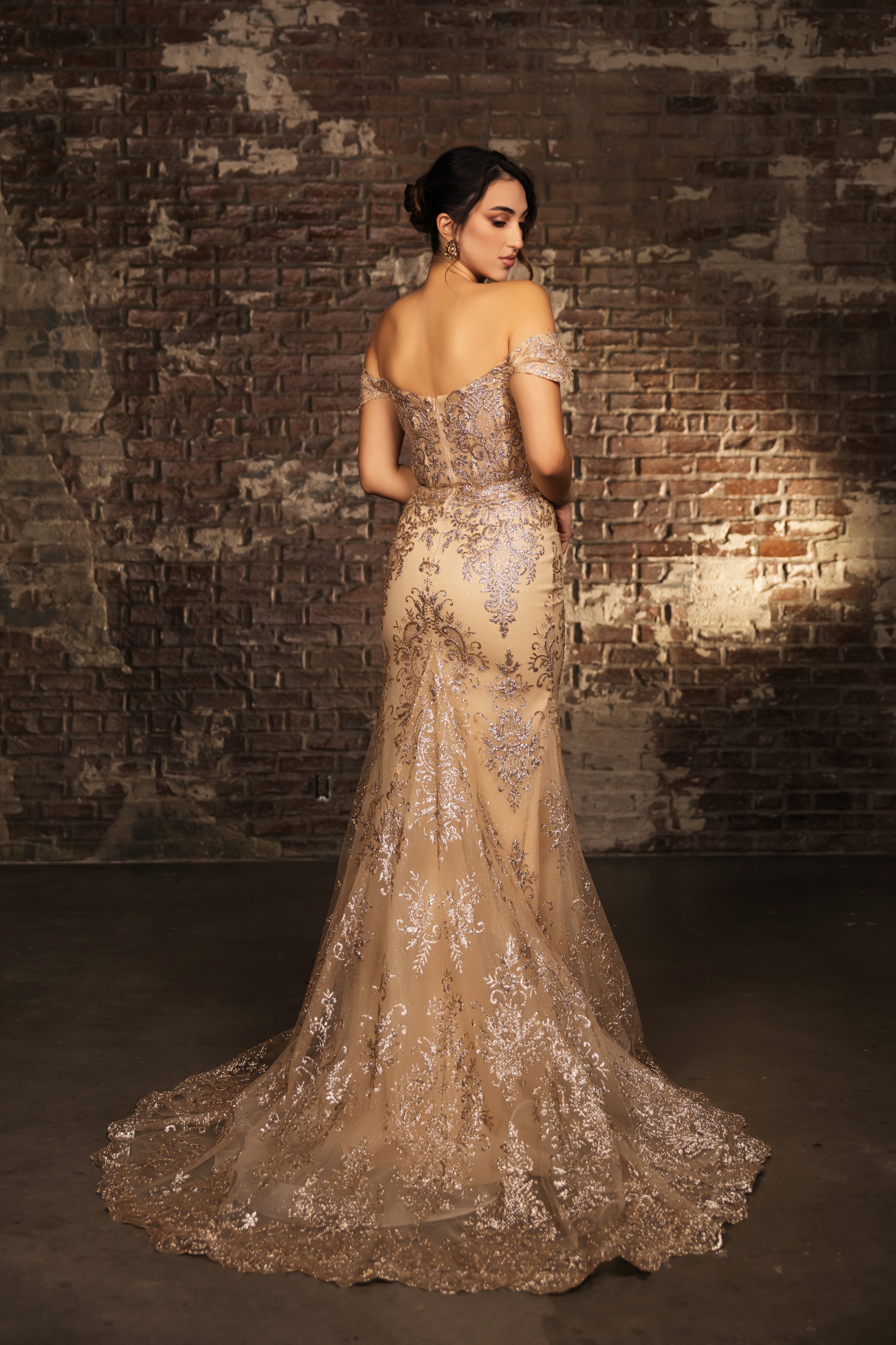 Off-Shoulder Glitter Gown with High Slit