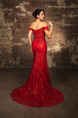 Off-Shoulder Glitter Gown with High Slit