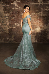 Off-Shoulder Glitter Gown with High Slit