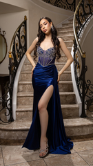 Beaded Corset Satin Evening Gown by May Queen MQ2168
