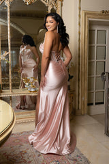 Strapless Crystal Embellished Satin Gown by May Queen