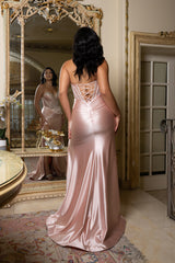 Strapless Crystal Embellished Satin Gown by May Queen