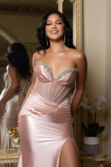 Strapless Crystal Embellished Satin Gown by May Queen